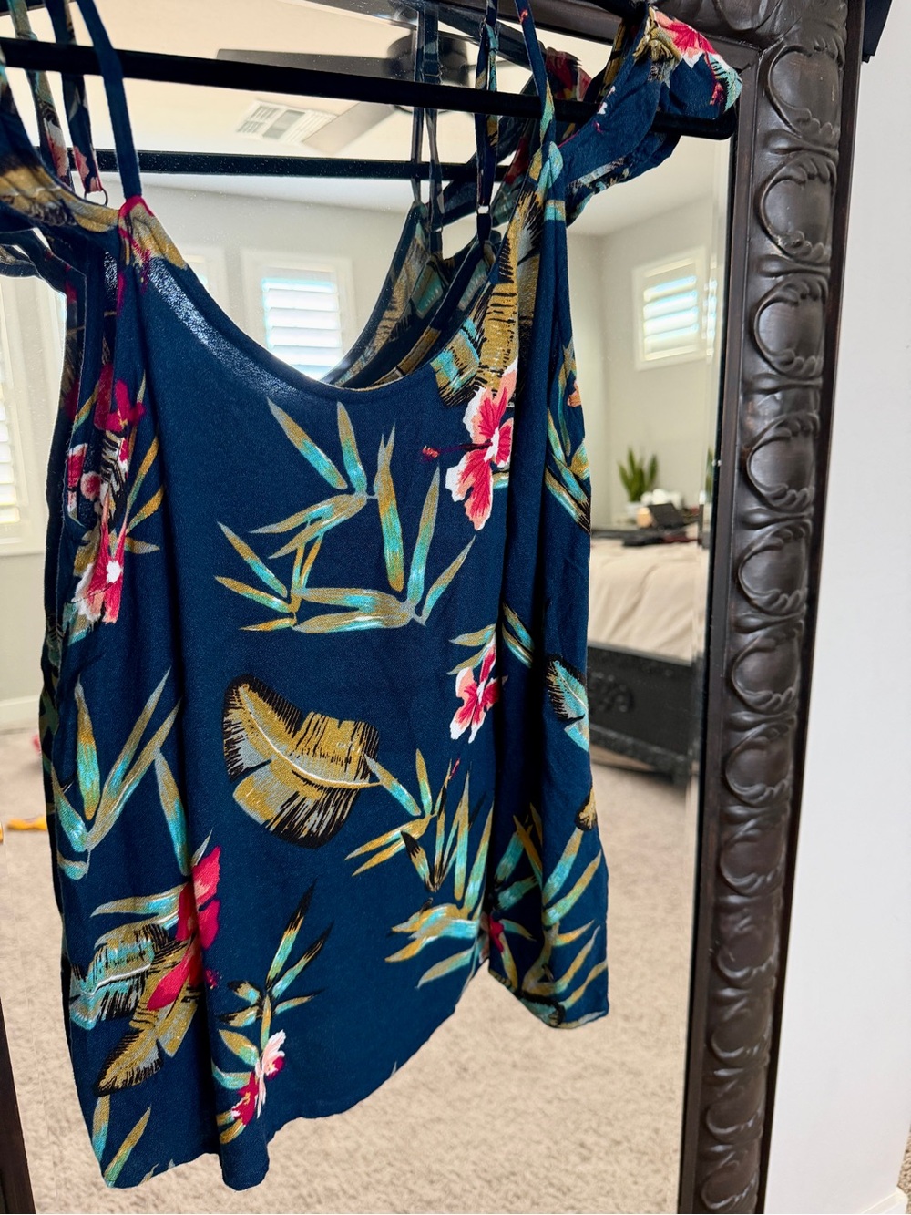 Roxy Navy Tropical Floral Tank Top with Pink & Gold Accents